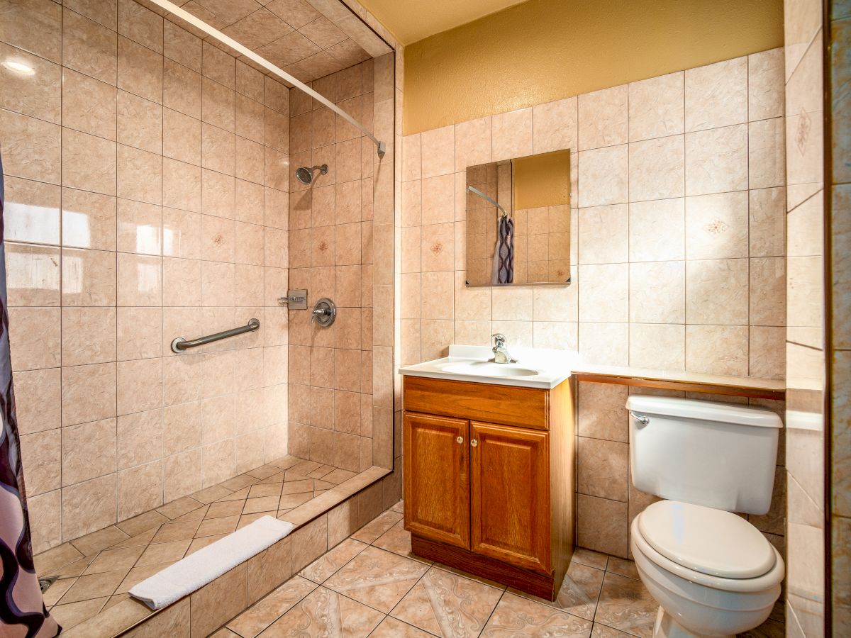 A tiled bathroom features a walk-in shower with a grab bar, a wooden vanity with a mounted mirror, and a toilet next to it.