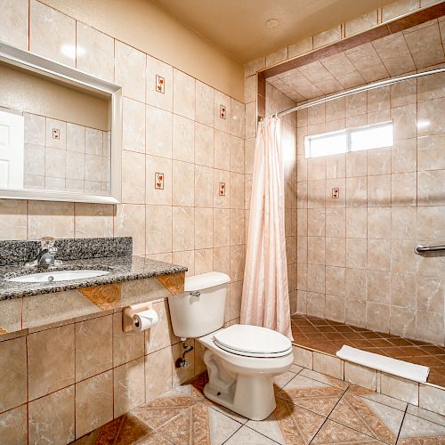 A bathroom with tiled walls and floor, a granite countertop, a toilet, a mirror, and a walk-in shower with a curtain and grab bar are visible.