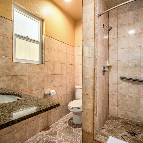 This image shows a bathroom with a granite countertop sink, a toilet, a walk-in shower with a grab bar, and beige tiled floors and walls.