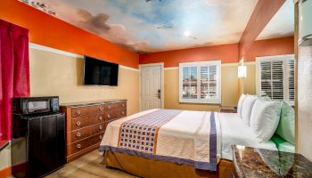 A colorful bedroom with a bed, dresser, TV, microwave, and refrigerator, featuring a painted sky ceiling and large windows.